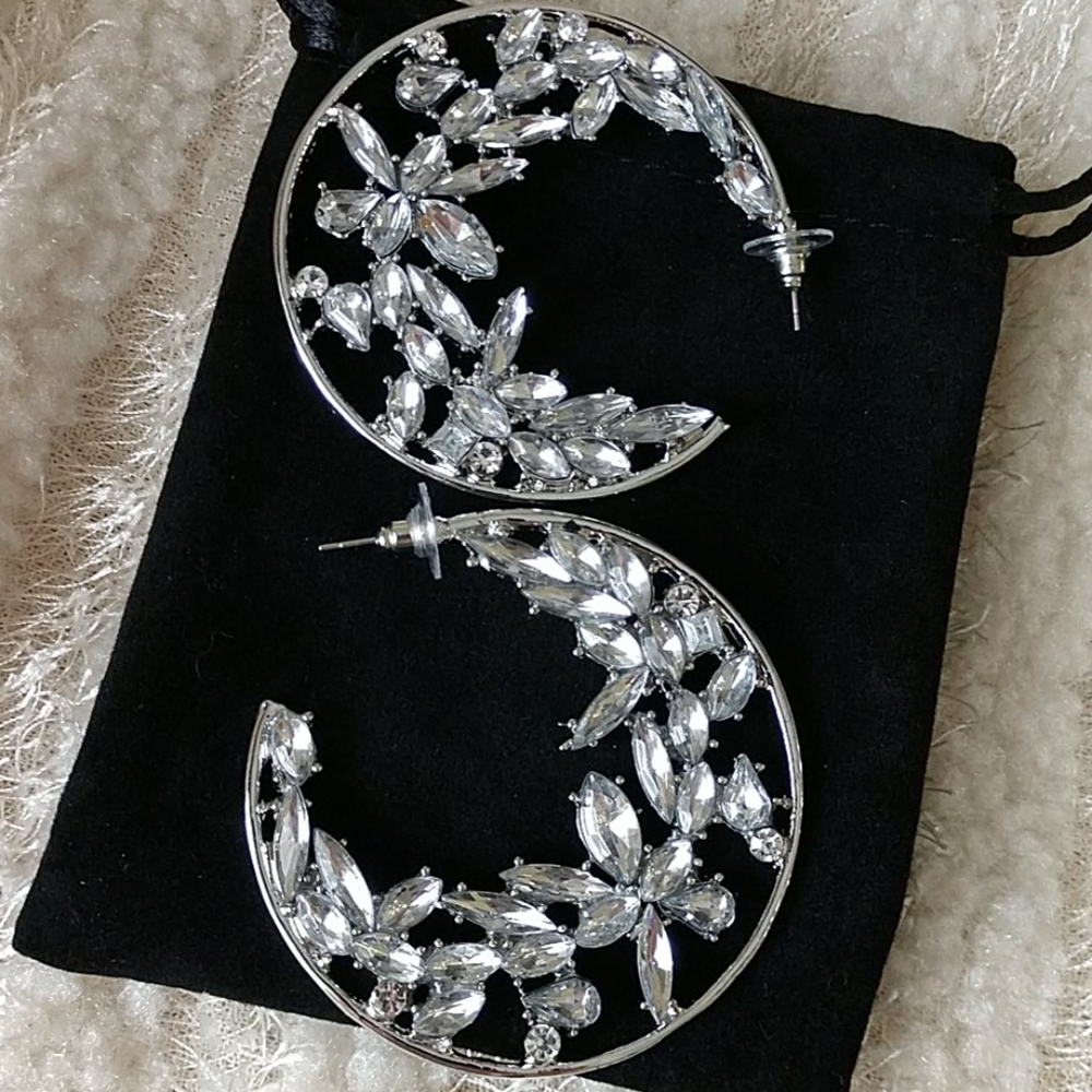 NEW Earrings Half Moon Hoop Cluster Stunning Faux Diamonds Pierced Crystals 2" - Picture 1 of 6